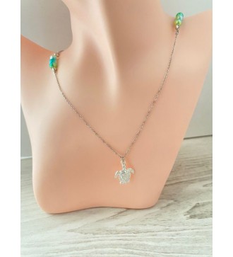Collier argent 925 avec perles vertes pendentif tortue