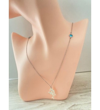 Collier en argent 925 avec perles bleu azur et dauphins