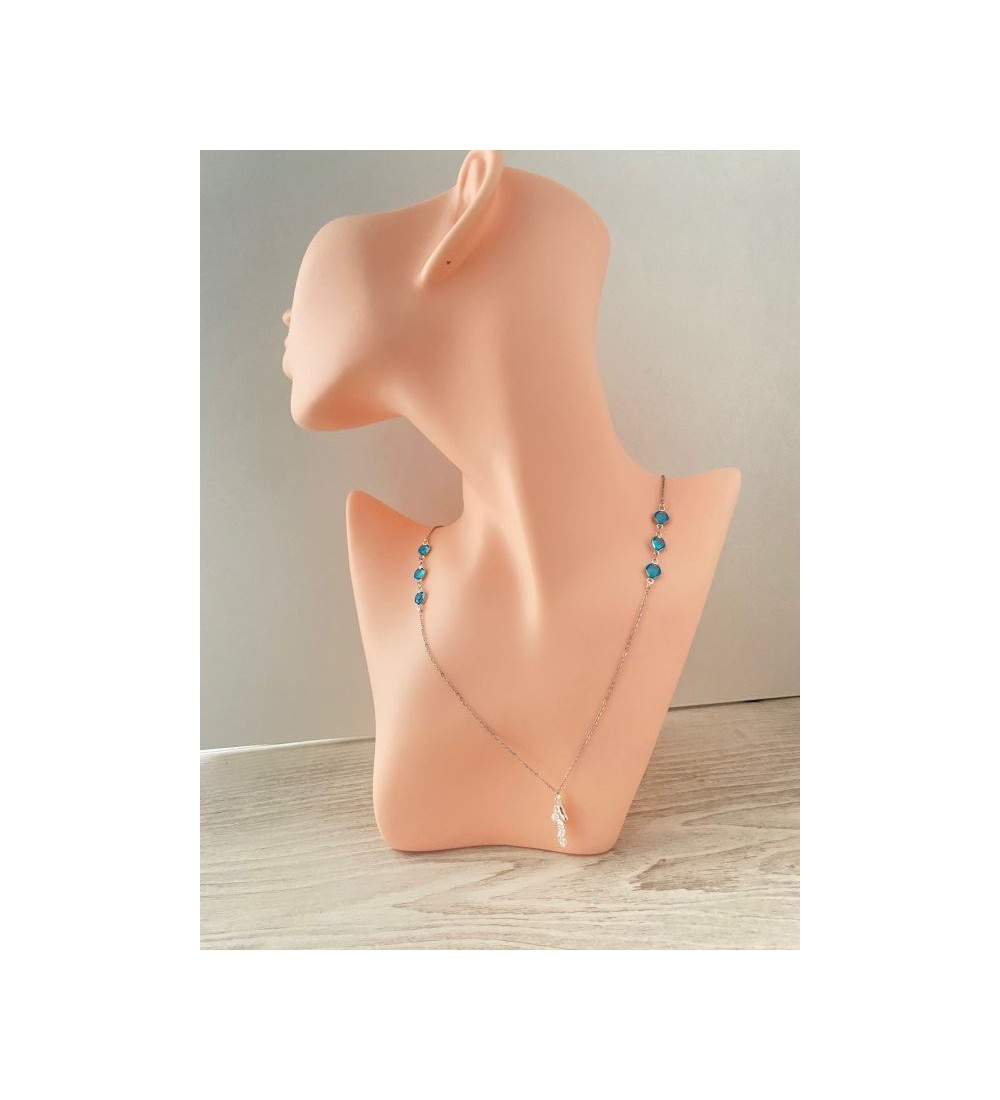 Collier argent 925 avec perles bleu azur et hippocampe