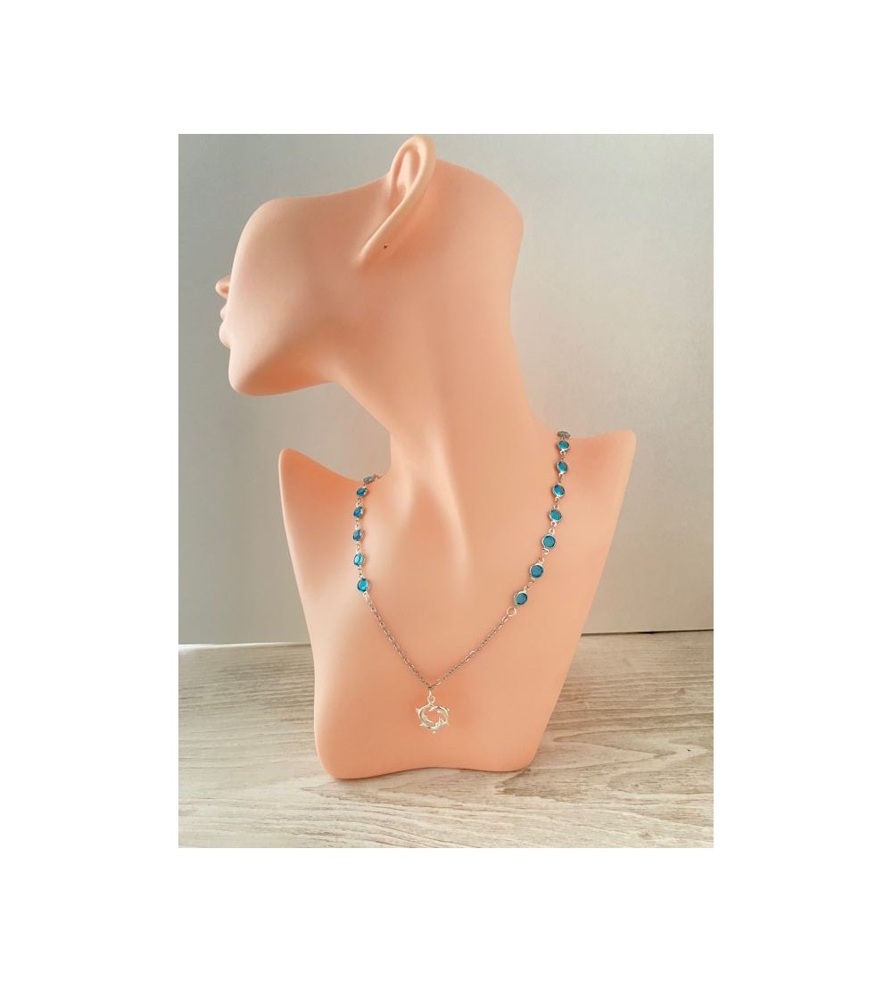 Collier argent 925 avec perles bleu azur et dauphins