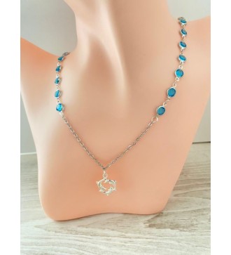 Collier argent 925 avec perles bleu azur et dauphins