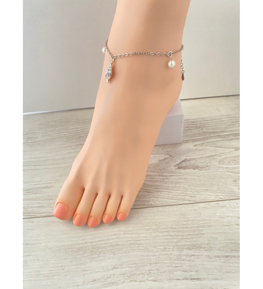 Chaîne de cheville argent 925 avec coquillage et perles
