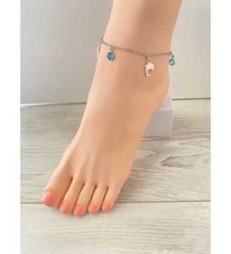 Chaîne de cheville argent 925 avec dauphins et perles bleu azur
