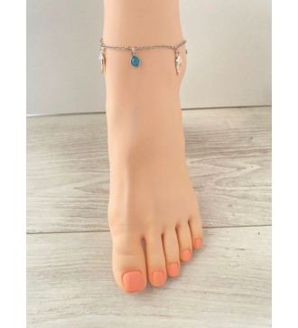 Chaîne de cheville argent 925 avec dauphins et perles bleu azur