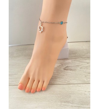 Chaîne de cheville argent 925 avec dauphins et pierre bleu azur
