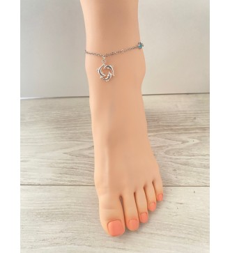 Chaîne de cheville argent 925 avec dauphins et pierre bleu azur