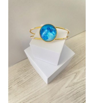 Bracelet jonc ajustable or 24 K avec pendentif bleu marin