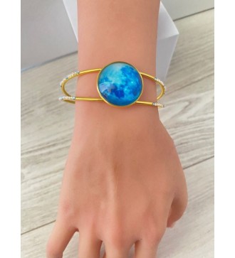 Bracelet jonc ajustable or 24 K avec pendentif bleu marin