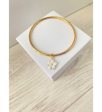 Bracelet fin or 24K avec pendentif fleur blanche 64 cm