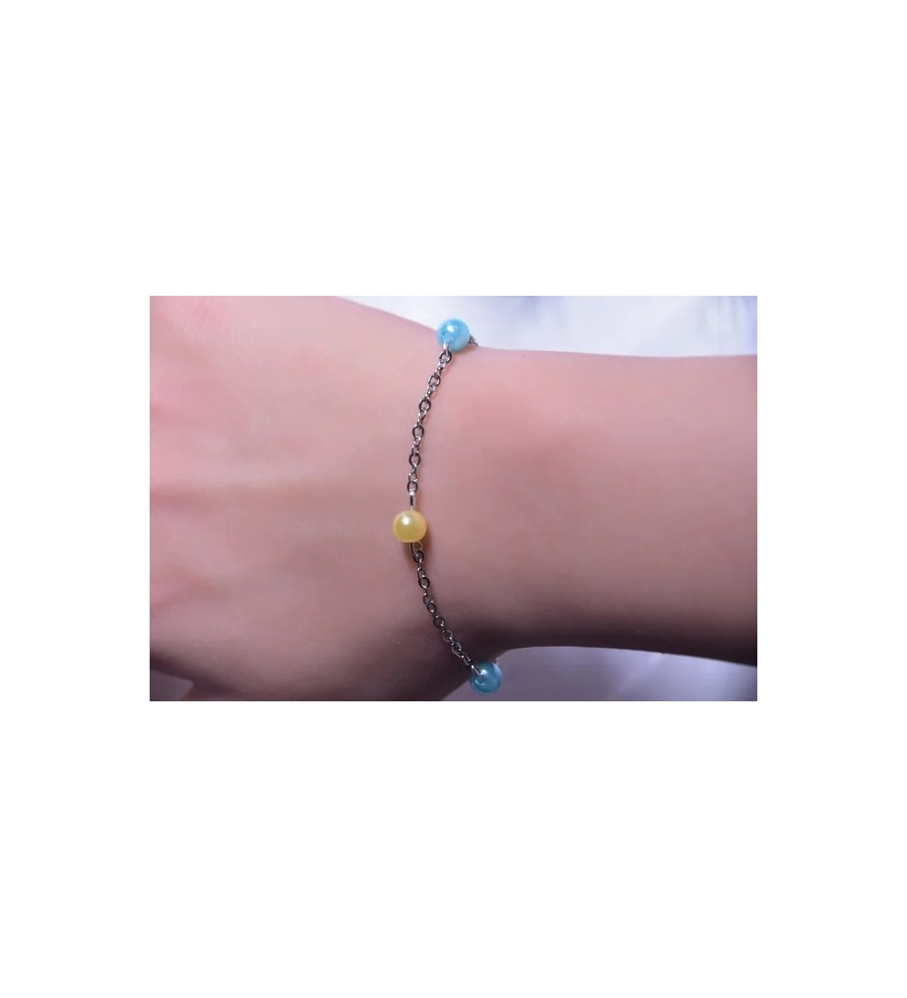 Bracelet argenté avec perles Elsa : Bleu , jaune , blanc