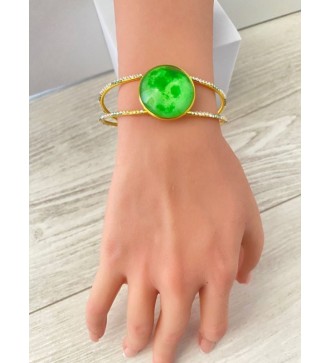 Bracelet Jonc ajustable or 24K avec pendentif en verre vert