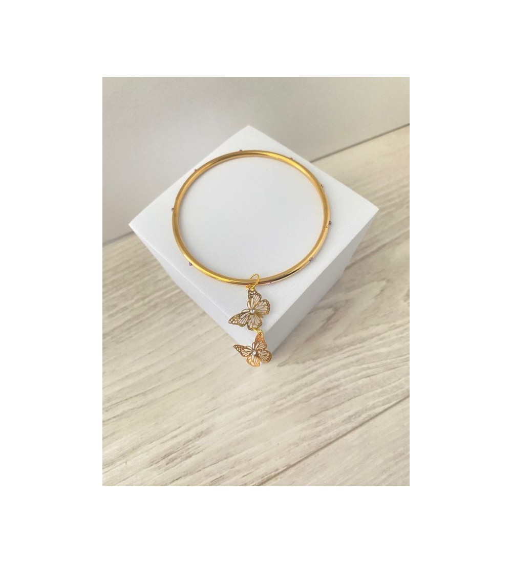 Bracelet fin or 24 K avec pendentif double papillon 64 cm
