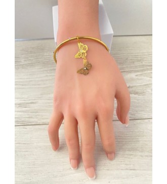 Bracelet fin or 24 K avec pendentif double papillon 64 cm