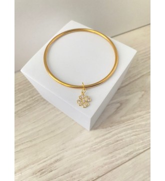 Bracelet fin or 24K avec pendentif trèfle strass 64 cm
