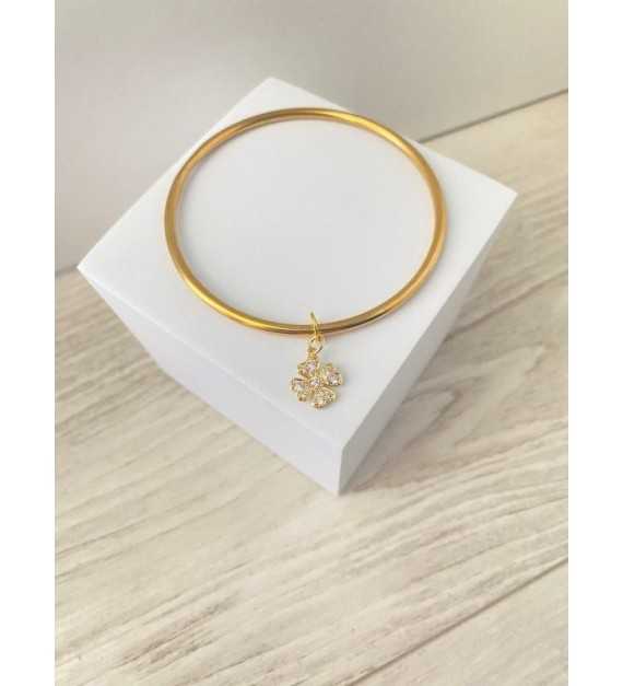 Bracelet fin or 24K avec pendentif trèfle strass 64 cm