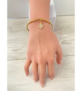 Bracelet fin or 24K avec pendentif trèfle strass 64 cm