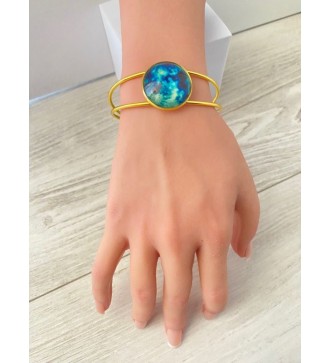 Bracelet jonc ajustable or 24 k avec pendentif bleu nuit