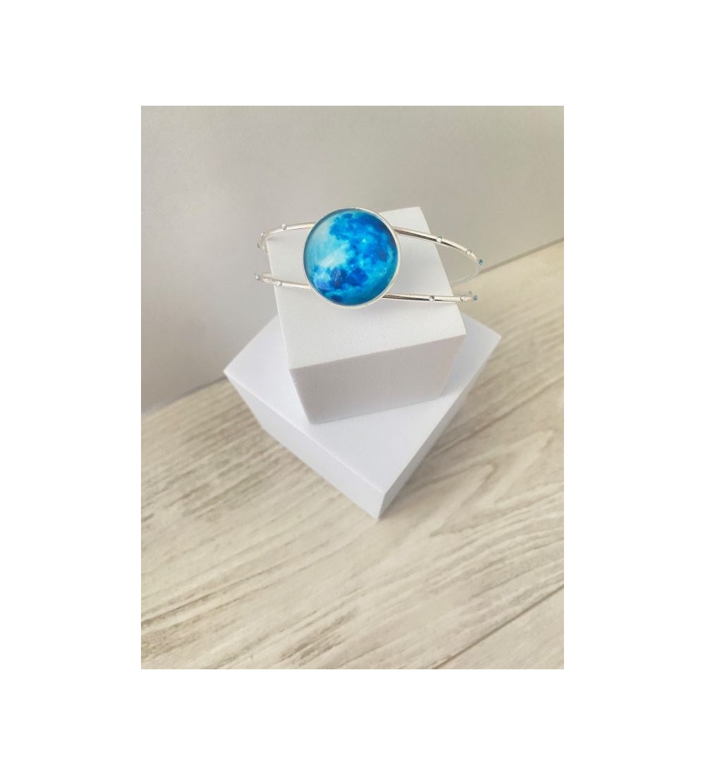 Bracelet jonc ajustable argent 925 avec cabochon bleu nuit