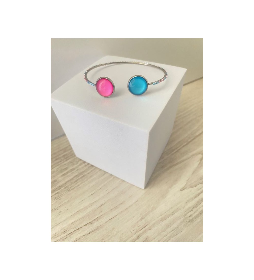 Manchette ajustable argent 925 avec cabochon bleu et rose