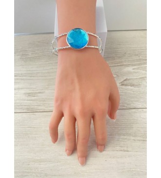 Bracelet jonc ajustable argent 925 avec cabochon bleu azur