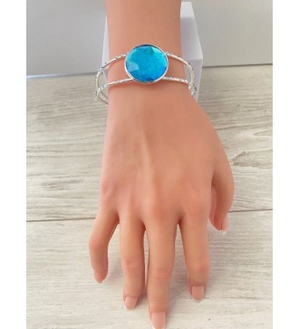 Bracelet jonc ajustable argent 925 avec cabochon bleu azur