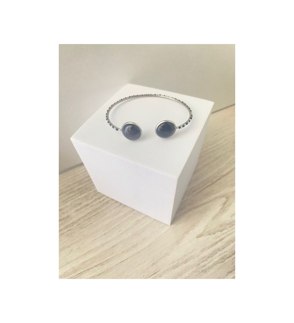 Manchette ajustable en argent 925 avec cabochons noir