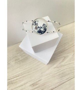 Bracelet jonc ajustable argent 925 avec cabochon noir