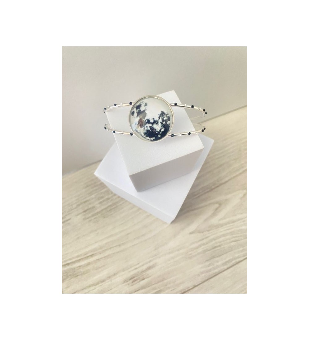 Bracelet jonc ajustable argent 925 avec cabochon noir
