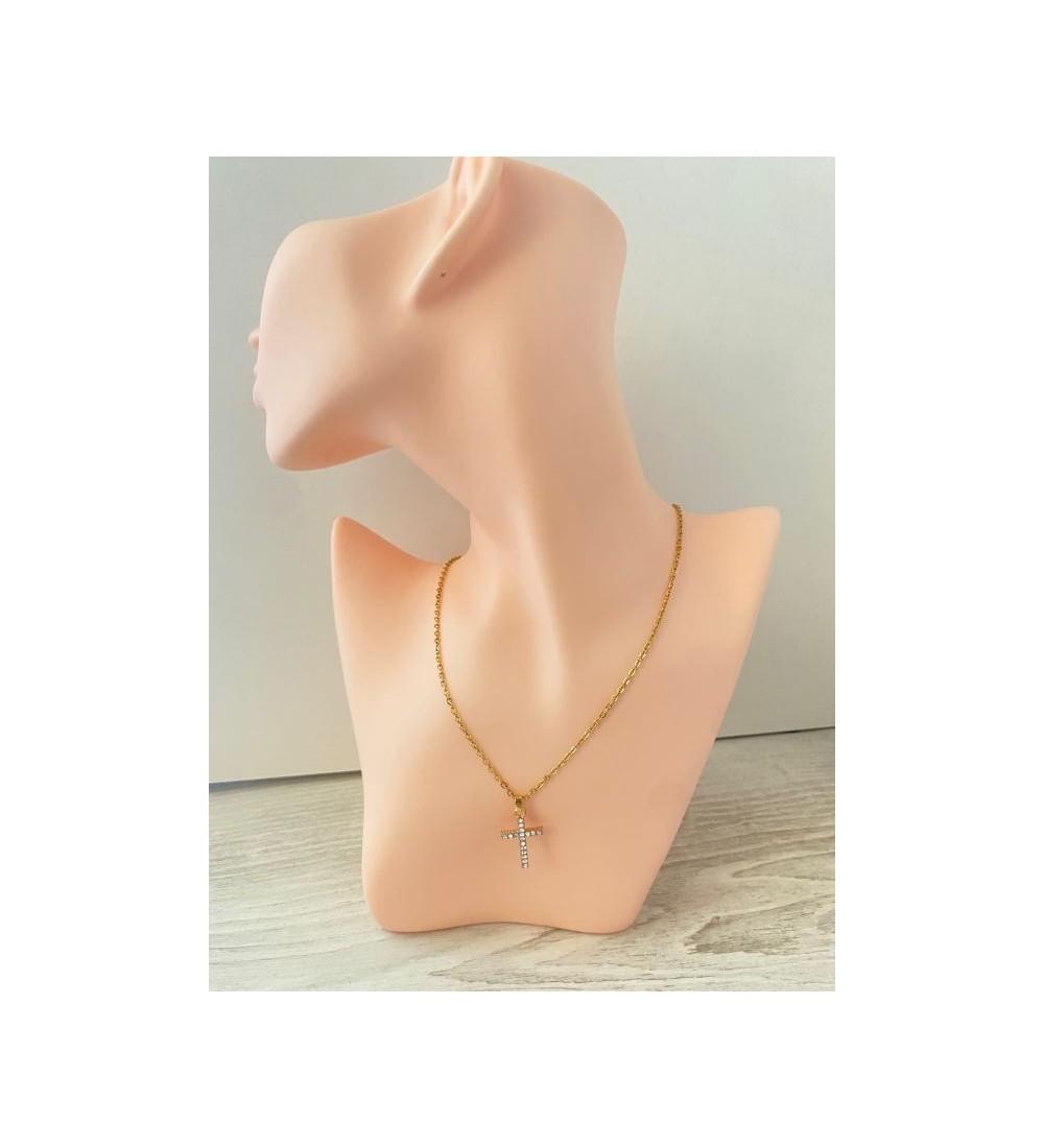 Collier en chaîne or 24 K avec pendentif croix et strass