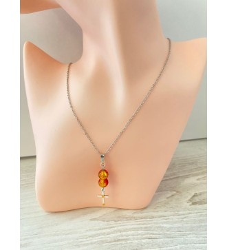 Collier argent 925 avec croix et perles verre orange