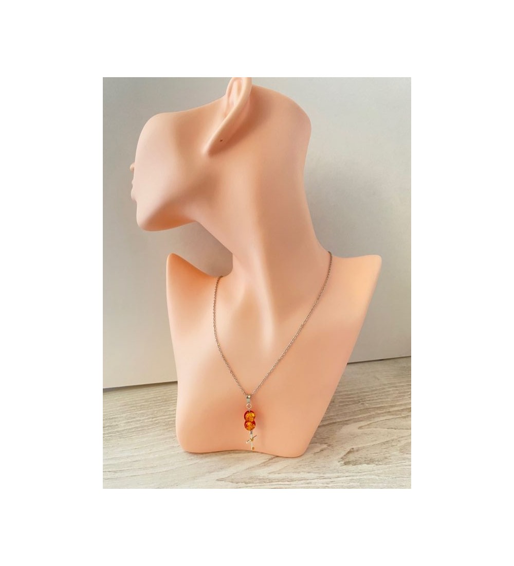 Collier argent 925 avec croix et perles verre orange