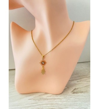 Collier or 24K avec pendentif soleil et main de Fatma