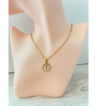 Collier en or 24 K avec pendentif rond et croix strass