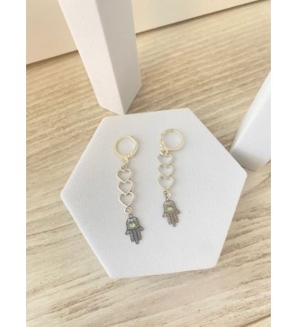 Boucles d'oreilles argent 925 trio de cœurs et main de Fatma