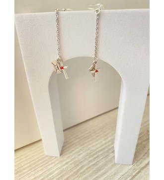 Boucles d'oreilles pendantes en argent 925 croix et strass rouge