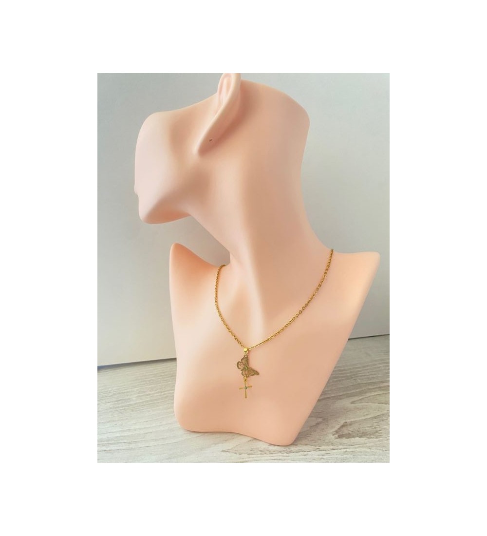 Collier en chaîne or 24 K , pendentif papillon et croix