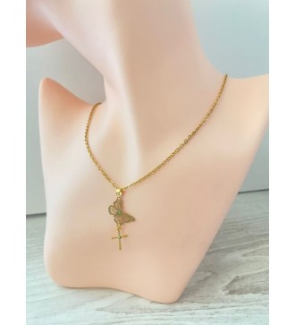 Collier en chaîne or 24 K , pendentif papillon et croix