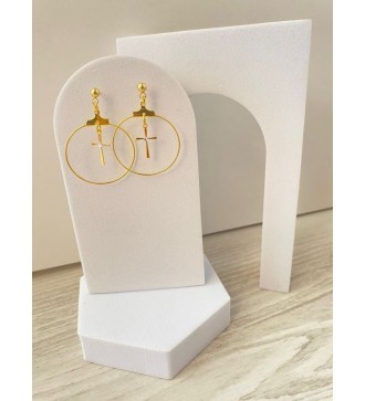Boucles d'oreilles créoles or 24 K avec pendentif croix