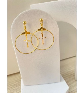 Boucles d'oreilles créoles or 24 K avec pendentif croix