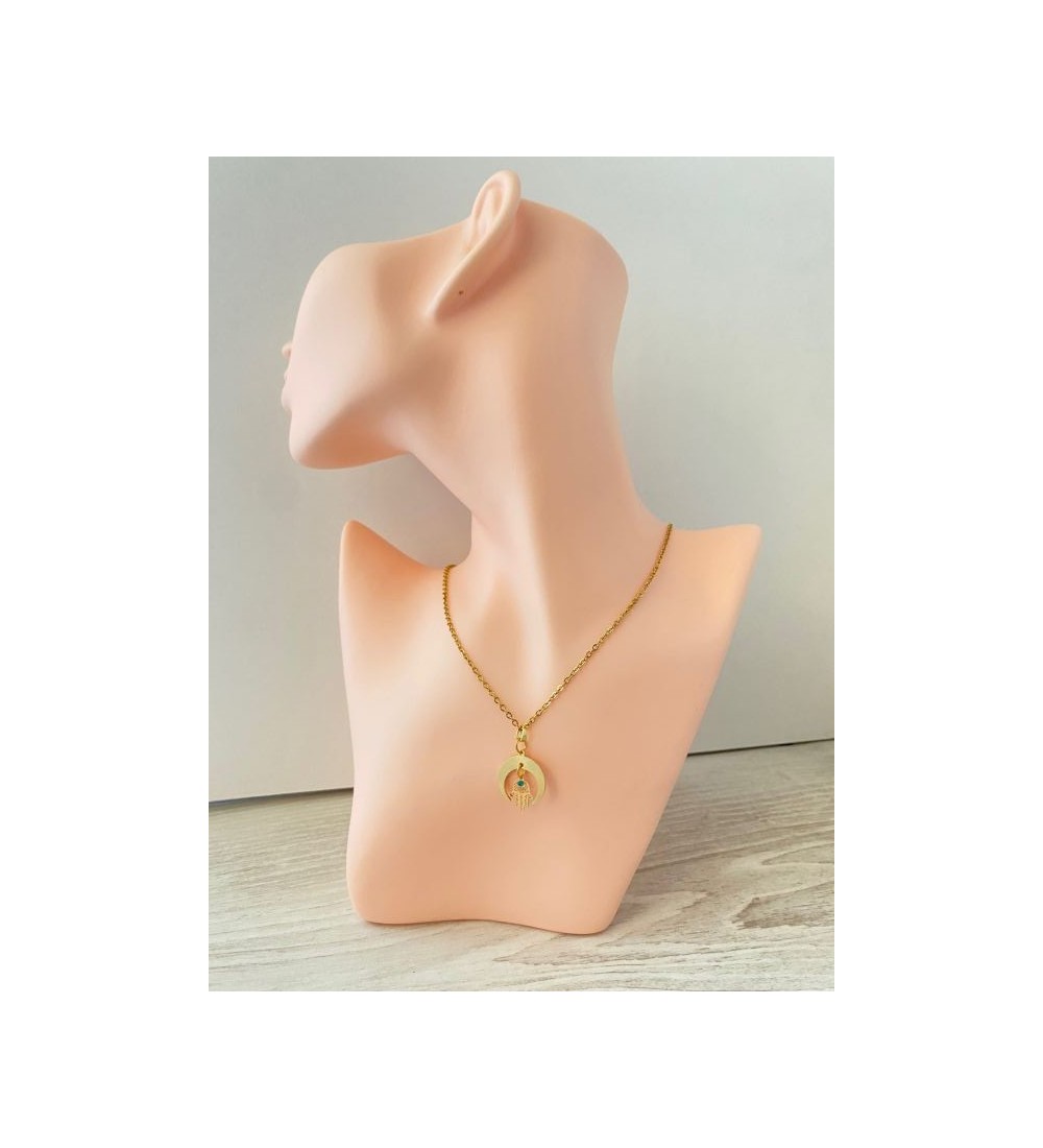 Collier en or 24K avec pendentif lune et main de Fatma