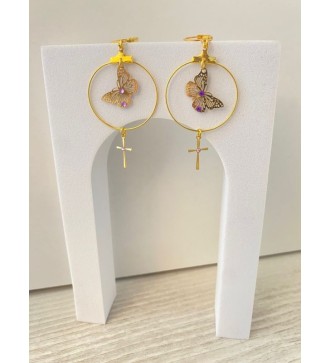 Boucles d'oreilles créoles or 24K , papillon et croix , strass