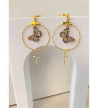 Boucles d'oreilles créoles or 24K , papillon et croix , strass