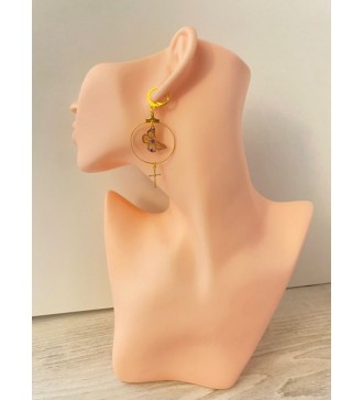 Boucles d'oreilles créoles or 24K , papillon et croix , strass
