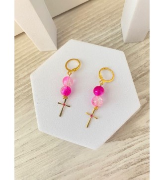Boucles d'oreilles croix or 24K , perles rose ,strass diamant