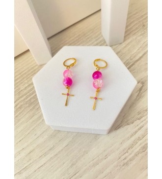Boucles d'oreilles croix or 24K , perles rose ,strass diamant