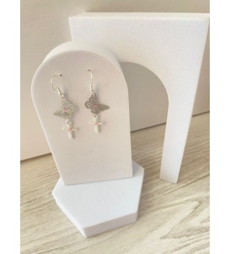 Boucles d'oreilles pendante argent 925 , papillon et croix