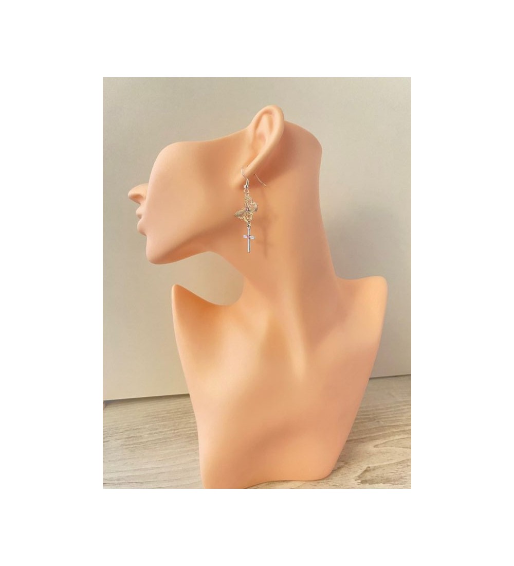 Boucles d'oreilles pendante argent 925 , papillon et croix