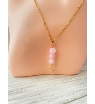Collier en or 24K avec croix en strass et perles roses