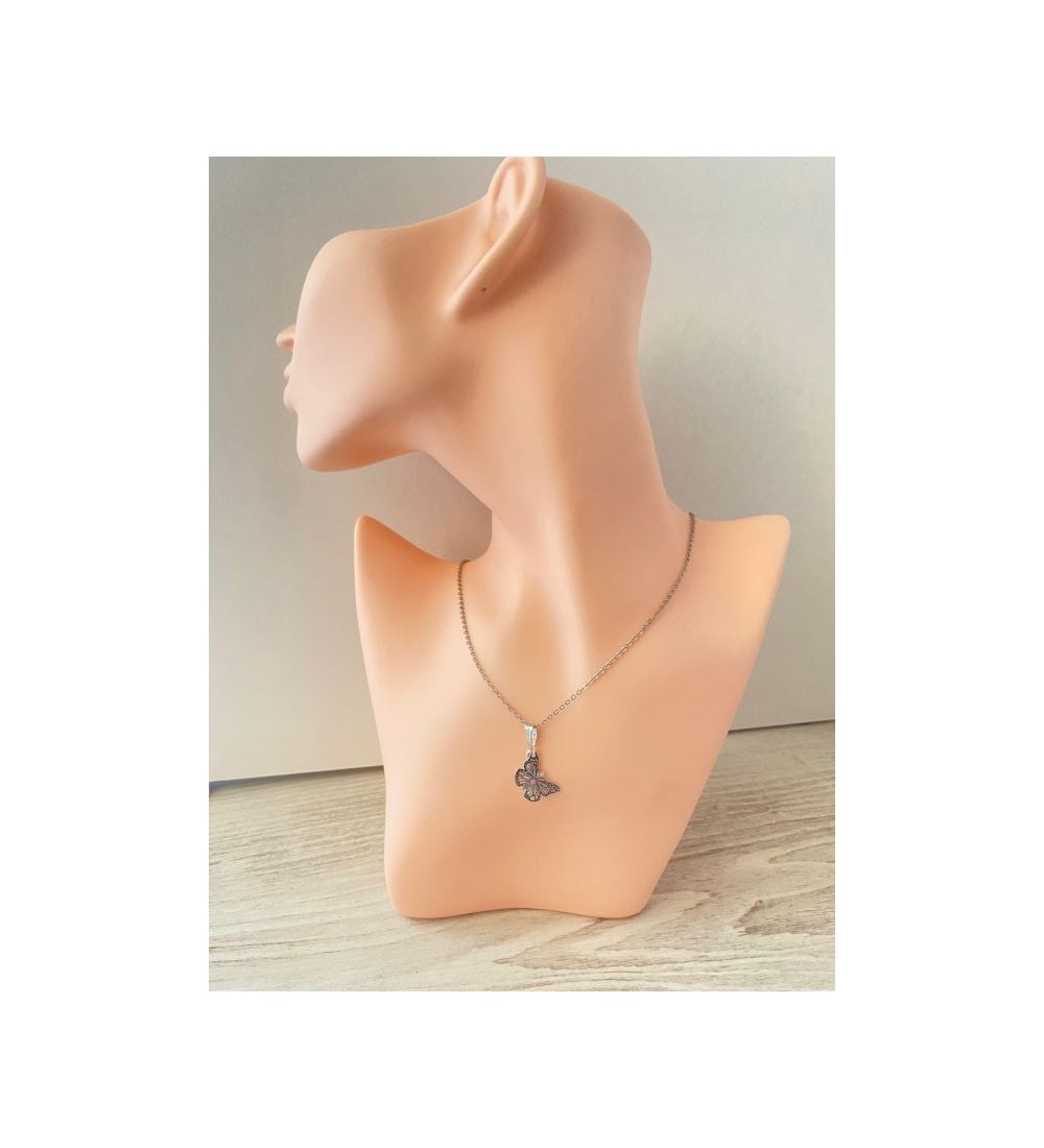 Collier en argent 925 avec pendentif papillon et croix