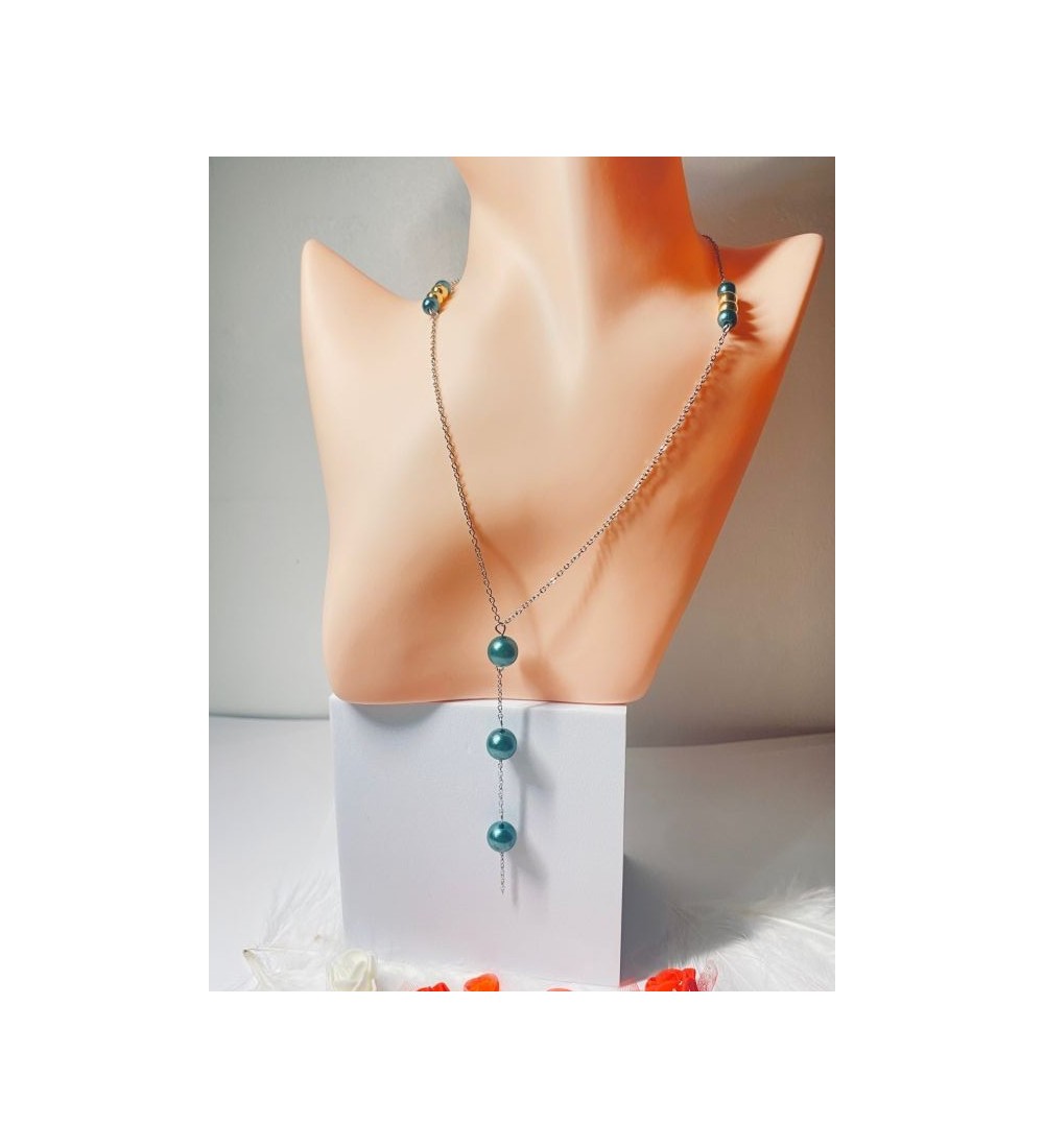 Collier argenté en acier inoxydable avec perles vert sapin